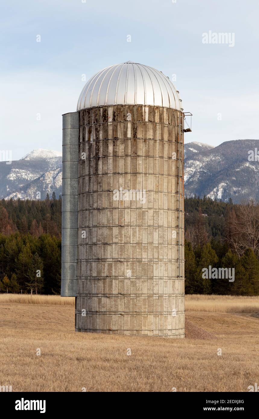 An old concrete tower silo on a farm, near Iron Creek, outside of Troy, Montana.  Snow covered peaks of the Cabinet Mountain range in the distance. Stock Photo