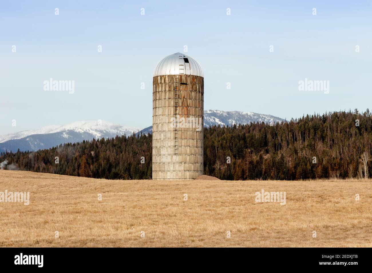 An old concrete tower silo on a farm, near Iron Creek, outside of Troy, Montana.  Snow covered peaks of the Cabinet Mountain range in the distance. Stock Photo