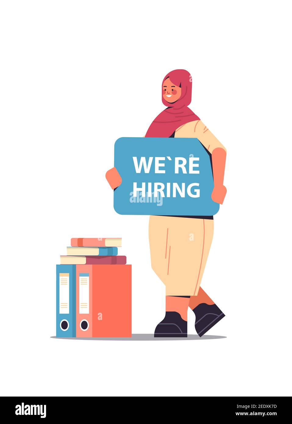 arab businesswoman hr manager holding we are hiring poster vacancy open