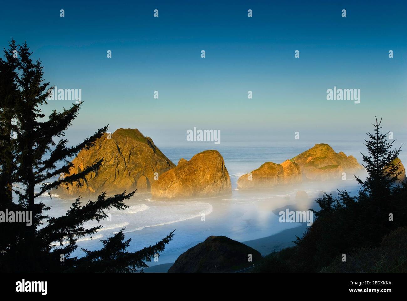 Rocks on Meyers Creek Beach in Pistol River State Park shrouded in fog