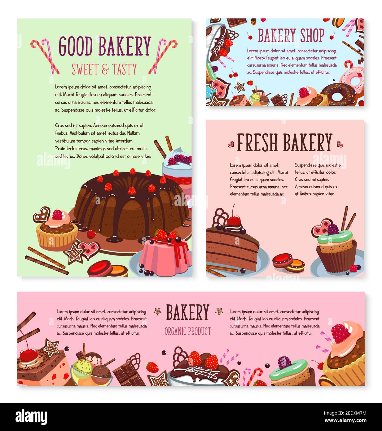 Bakery desserts menu template or vector posters set of pastry cakes and