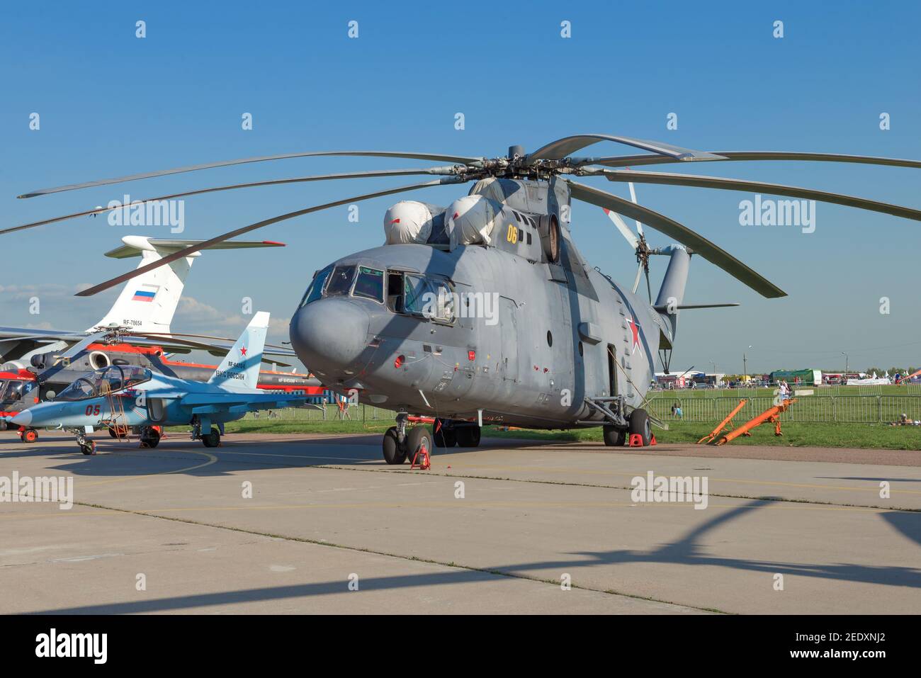 ZHUKOVSKY, RUSSIA - AUGUST 30, 2019: The world's largest serial heavy Soviet and Russian Mi-26 helicopter on the air show MAKS-2017 Stock Photo