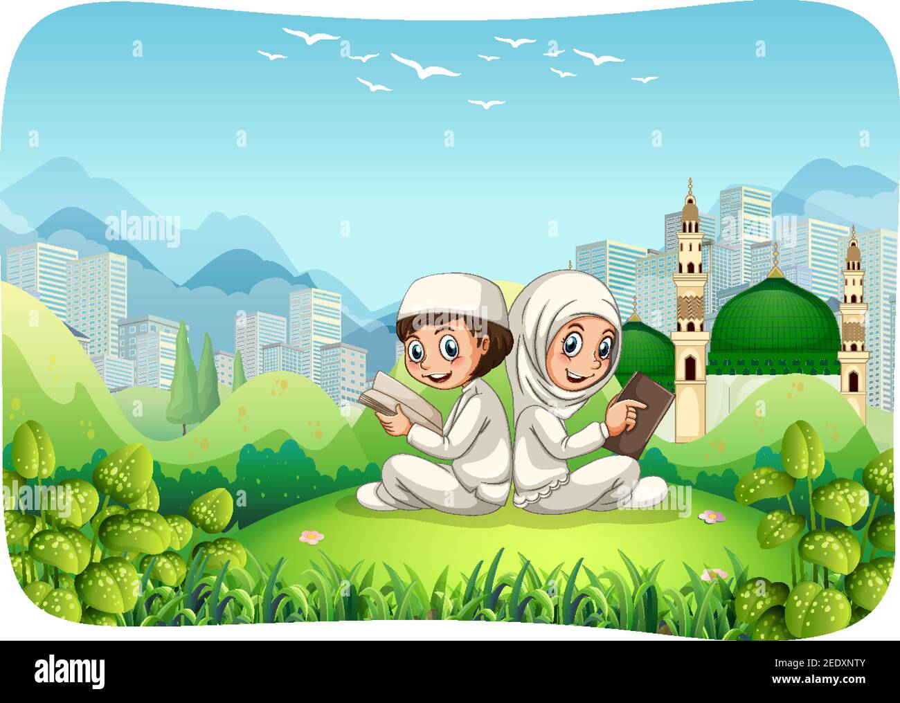 Park outdoor scene with muslim sister and brother cartoon character illustration Stock Vector