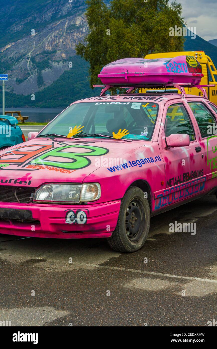 Pink colorful tuned sports car auto exhibition car in Norway. Stock Photo
