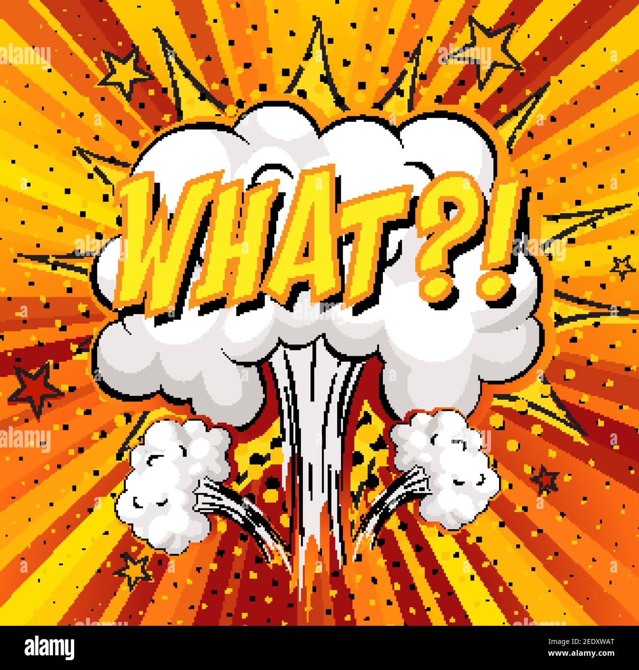 WHAT text on comic cloud explosion on rays background illustration Stock Vector
