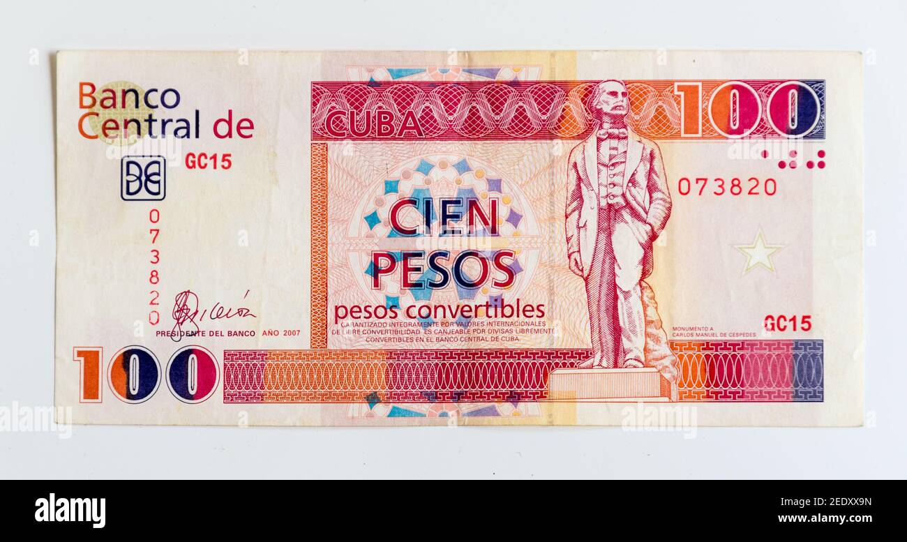 Different denominations of CUC: Cien pesos or hundred pesos Cuban Convertible note depicting the monument of Carlos Manuel de Cespedes.  The convertib Stock Photo