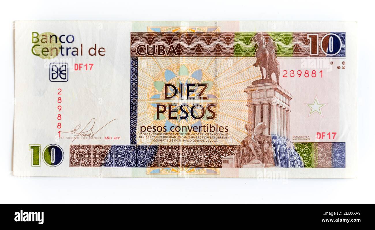 Different denominations of CUC: Diez pesos or ten pesos Cuban Convertible  note depicting the monument of Maximo Gomez. The convertible peso is one of  Stock Photo - Alamy