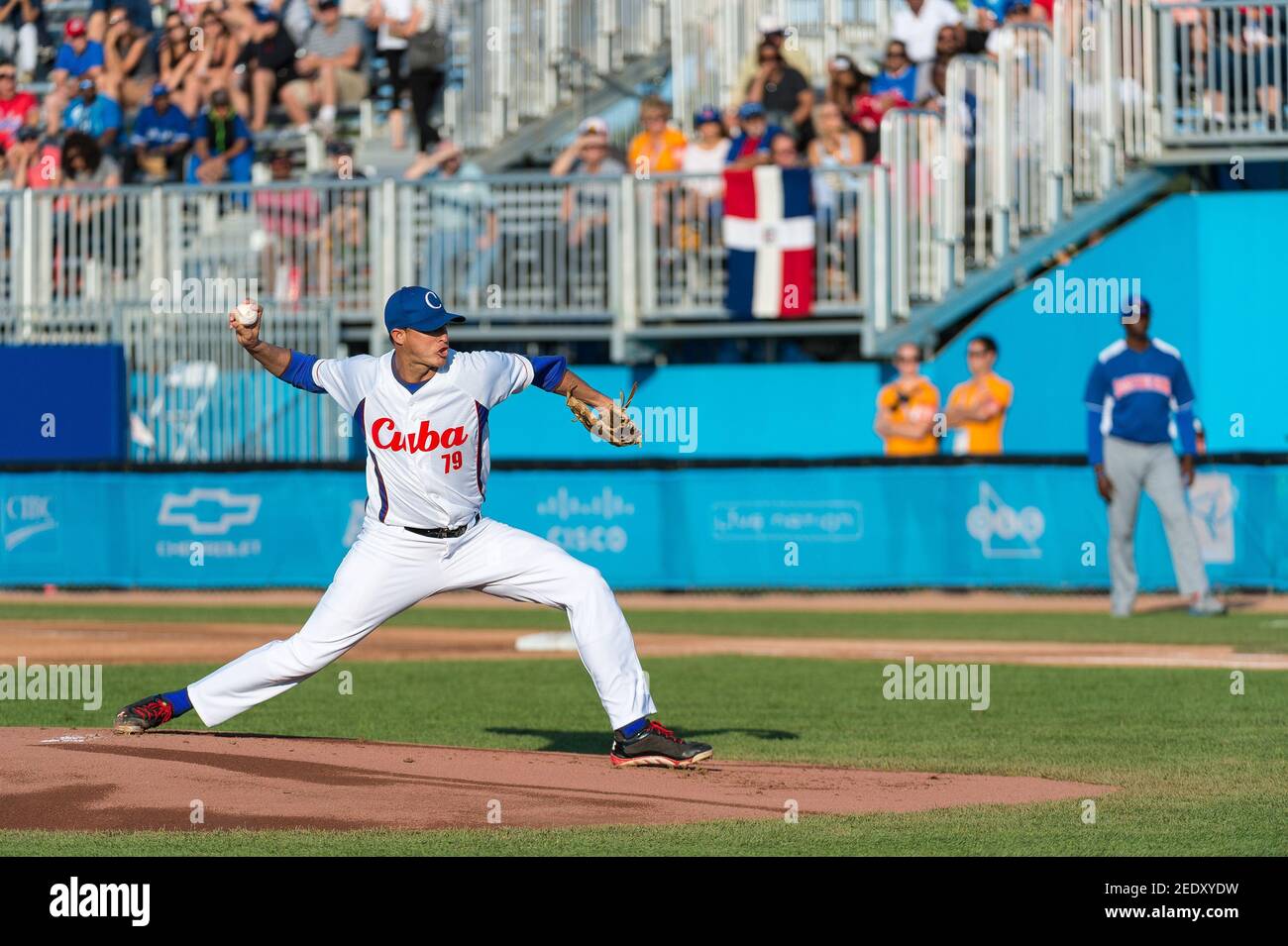 Toronto Panam Baseball 2015-Cuba vs Domincan Republic:  Lazaro Blanco wins his second match in the event. Cuba beat Dominican Republic 9 to 5 Stock Photo