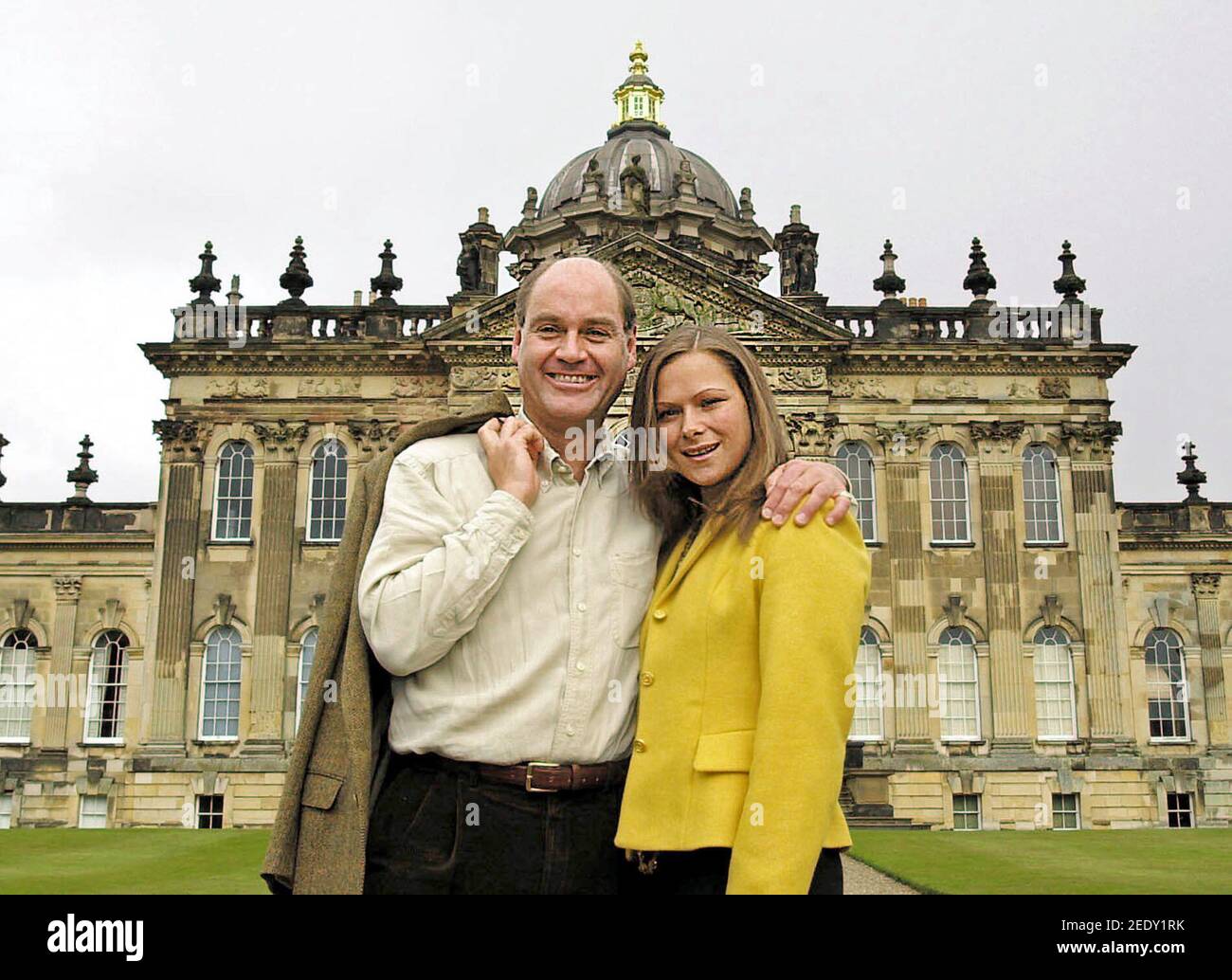 File photo dated 4/5/2001 of the Hon Simon Howard and his bride-to-be Rebecca Sieff outside Castle Howard, after announcing their wedding plans. Howard, who ran the stately home made famous in two major TV series for more than 30 years, has indicated in court that he will plead not guilty to charges of child sex offences. Issue date: Monday February 15, 2021. Stock Photo