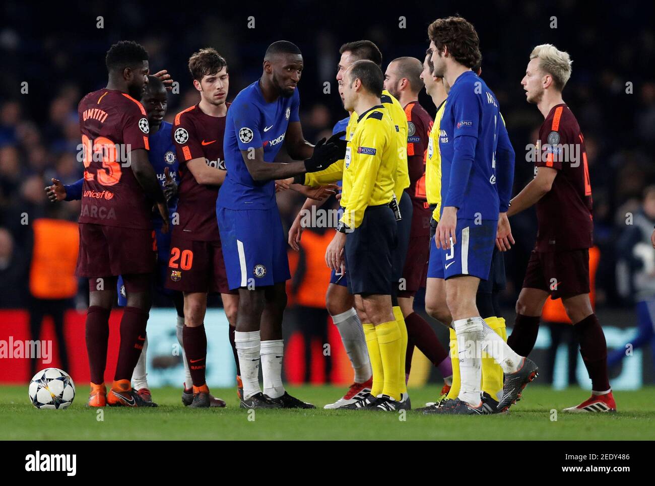 Soccer Football Champions League Round Of 16 First Leg Chelsea Vs Fc Barcelona Stamford Bridge London Britain February 18 Chelsea S Antonio Rudiger Speaks With Referee Cuneyt Cakir