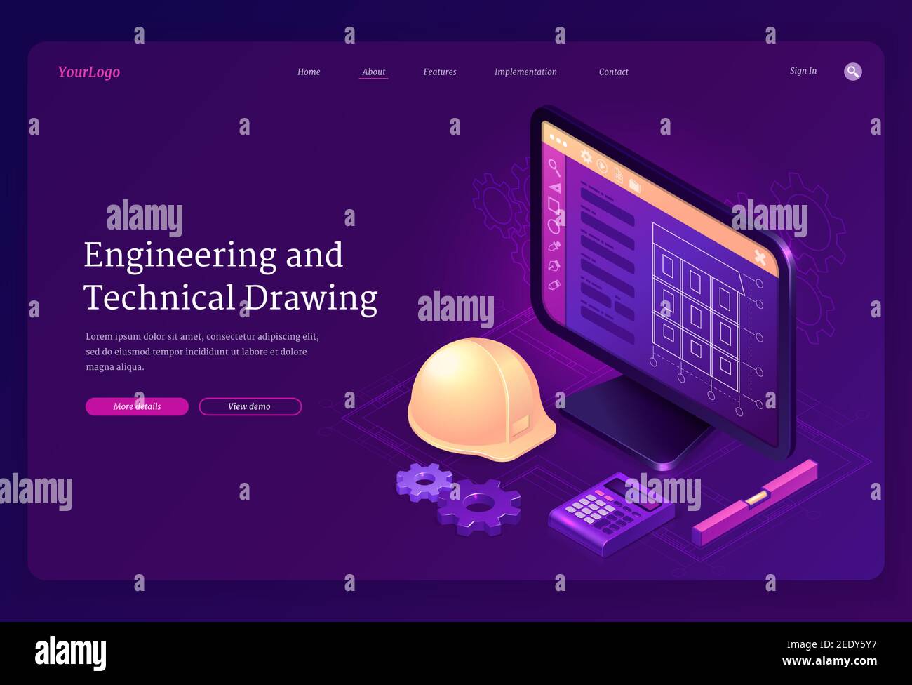 Engineering and technical drawing isometric landing page. Cad modelling