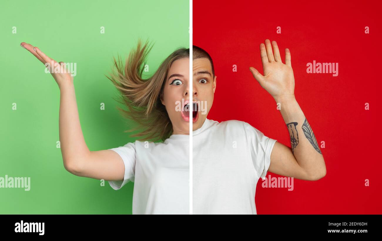 One shocked woman and one astonished man. Fun and creative combination of portraits of young people with different emotions, various facial expression on splited multicolored background. Copyspace for ad. Stock Photo