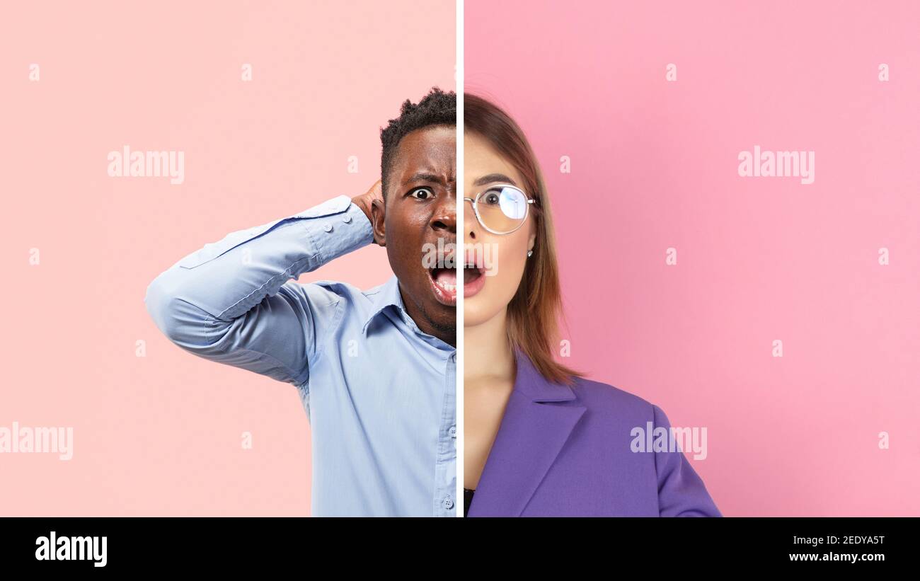 Shocked man, astonished woman. Fun and creative combination of portraits of young people with different emotions, various facial expression on splited multicolored background. Copyspace for ad. Stock Photo