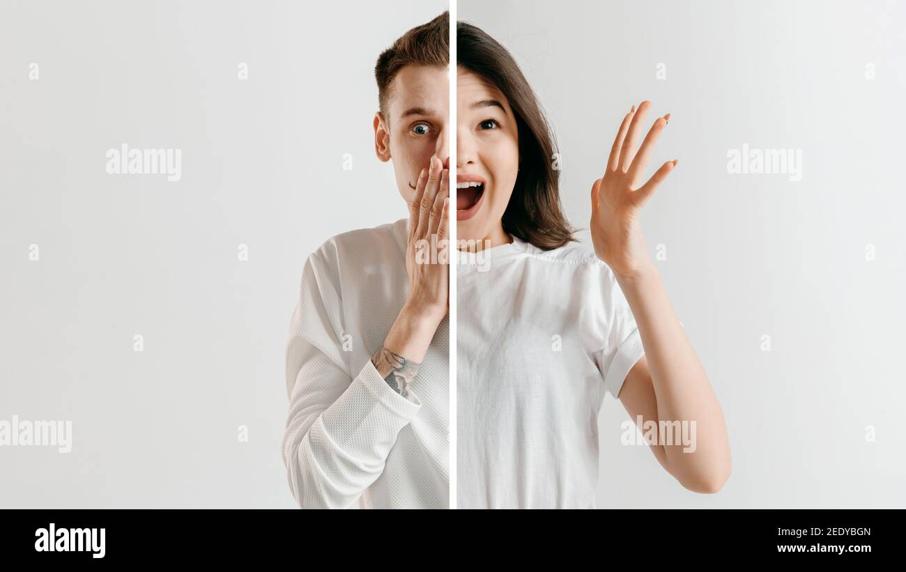 Shocked man, astonished woman. Fun and creative combination of portraits of young people with different emotions, various facial expression on splited multicolored background. Copyspace for ad. Stock Photo