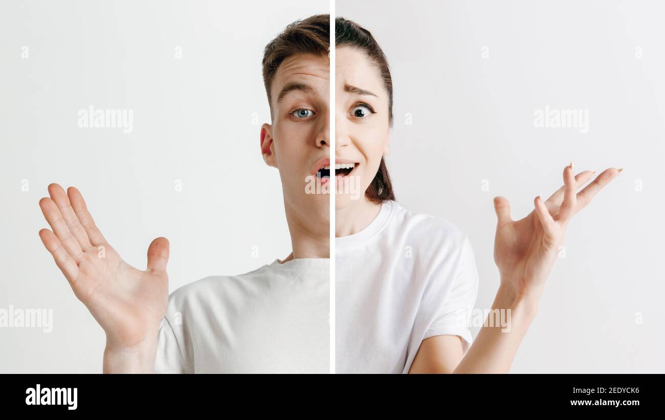 Arrogant man, astonished woman. Fun and creative combination of portraits of young people with different emotions, various facial expression on splited multicolored background. Copyspace for ad. Stock Photo