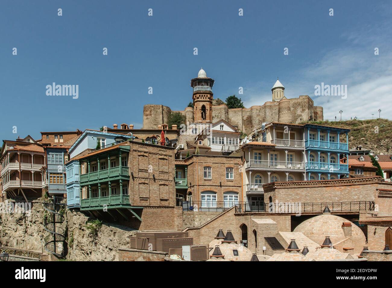 Colorful traditional houses with wooden carved balconies in the Old Town of Tbilisi, Georgia.View and Architecture of the Old Town.Abanotubani Stock Photo
