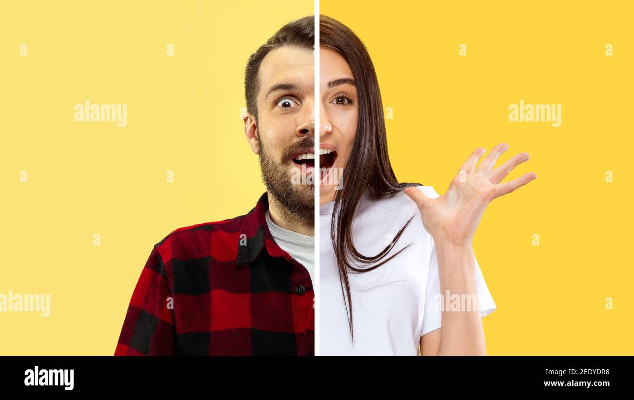 Excited man, astonished woman. Fun and creative combination of portraits of young people with different emotions, various facial expression on splited multicolored background. Copyspace for ad. Stock Photo