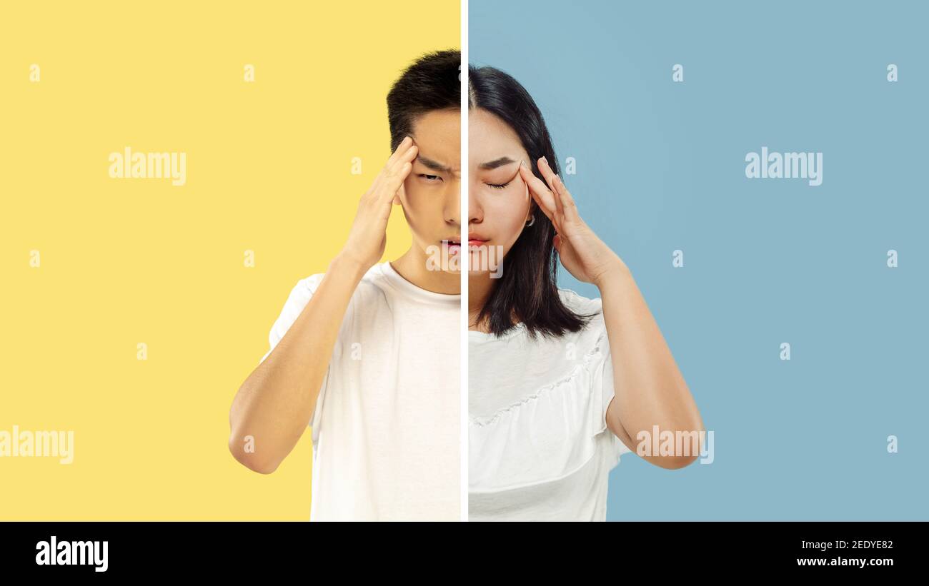 Suffering man, sick woman. Fun and creative combination of portraits of young people with different emotions, various facial expression on splited multicolored background. Copyspace for ad. Stock Photo