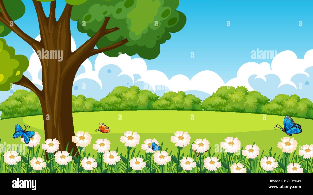 Park outdoor scene with flower field and a big tree illustration Stock ...