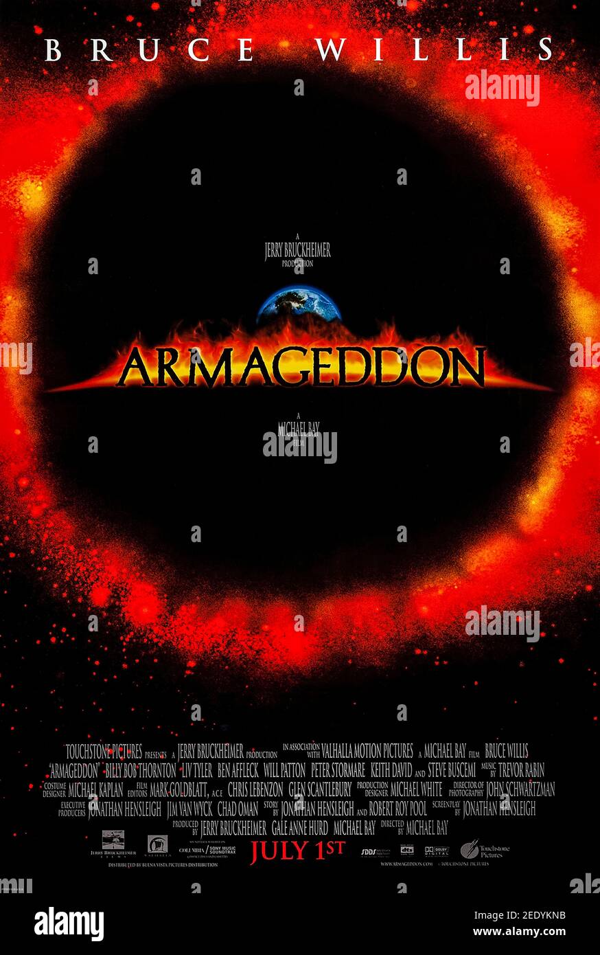 Armageddon (1998) directed by Michael Bay and starring Bruce Willis, Billy Bob Thornton and Ben Affleck. After discovering that an asteroid the size of Texas is going to impact Earth in less than a month, NASA recruits a misfit team of deep-core drillers to save the planet. Stock Photo