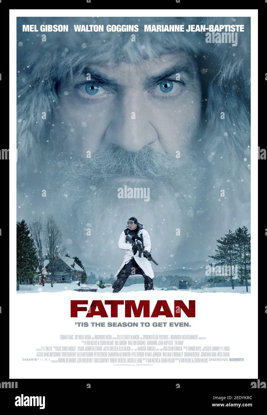 Fatman (2020) directed by Eshom Nelms and Ian Nelms and starring Mel Gibson, Walton Goggins and Marianne Jean-Baptiste. An unorthodox Santa Claus fights to save his business whilst a 12 year old dissatisfied with his gift hires a hitman to kill Santa. Stock Photo