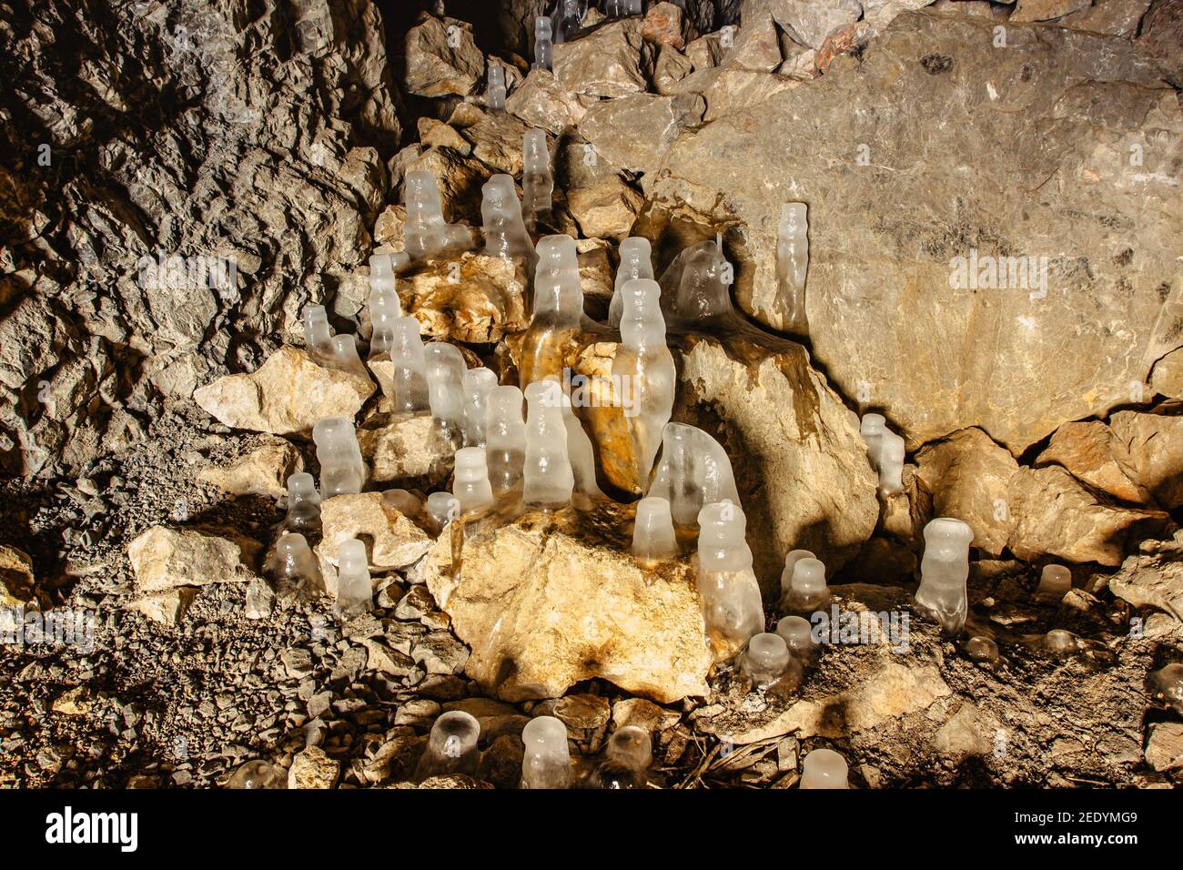 Fascinating ice formations and icicles in Chlum limestone quarry and caves,Czech Republic.Cave system in Cesky kras, Czech Karst.Freezing day outdoors Stock Photo