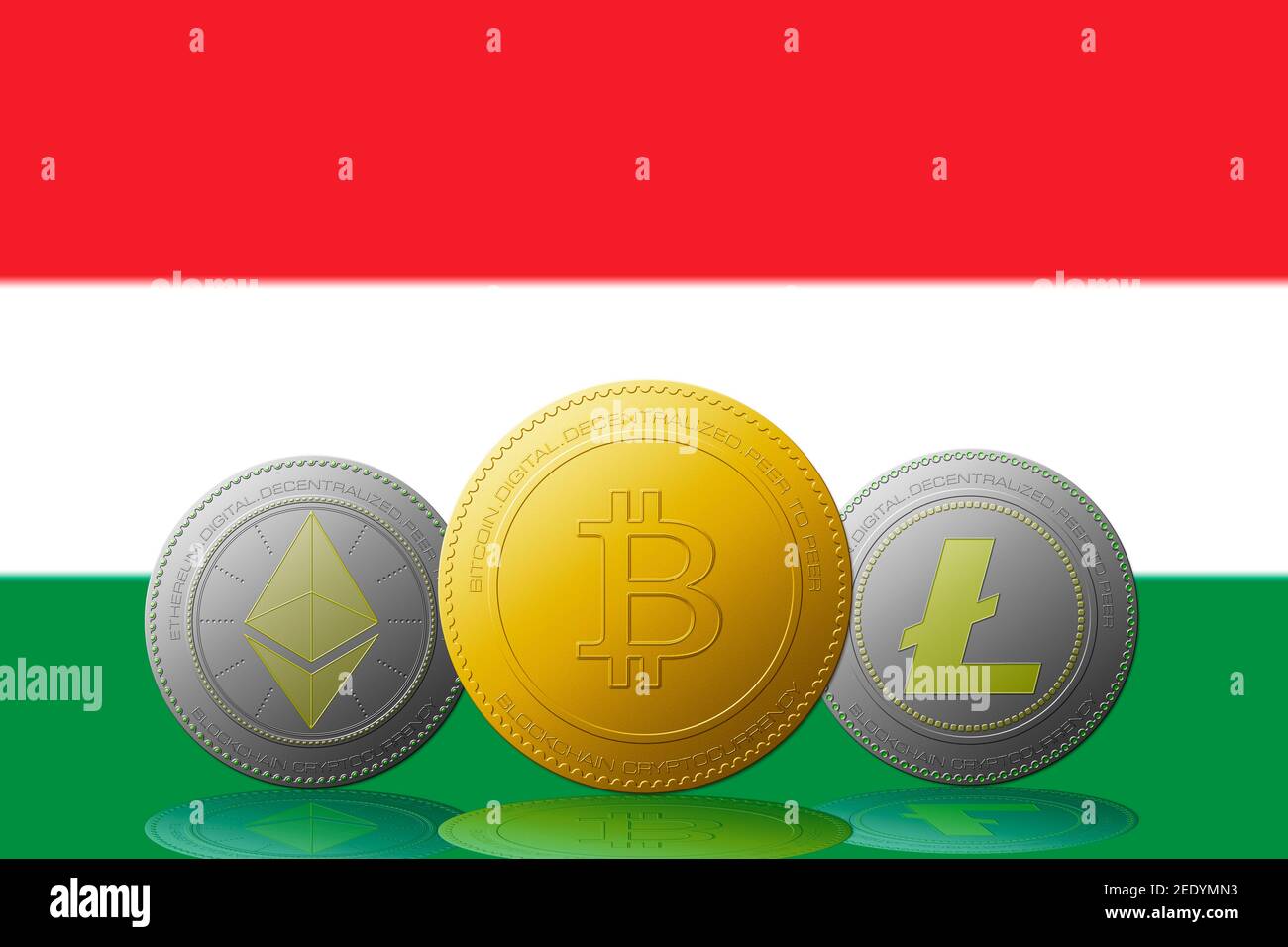 3D illustration Three cryptocurrencies Bitcoin Ethereum and Litecoin with  Hungary flag on background Stock Photo - Alamy