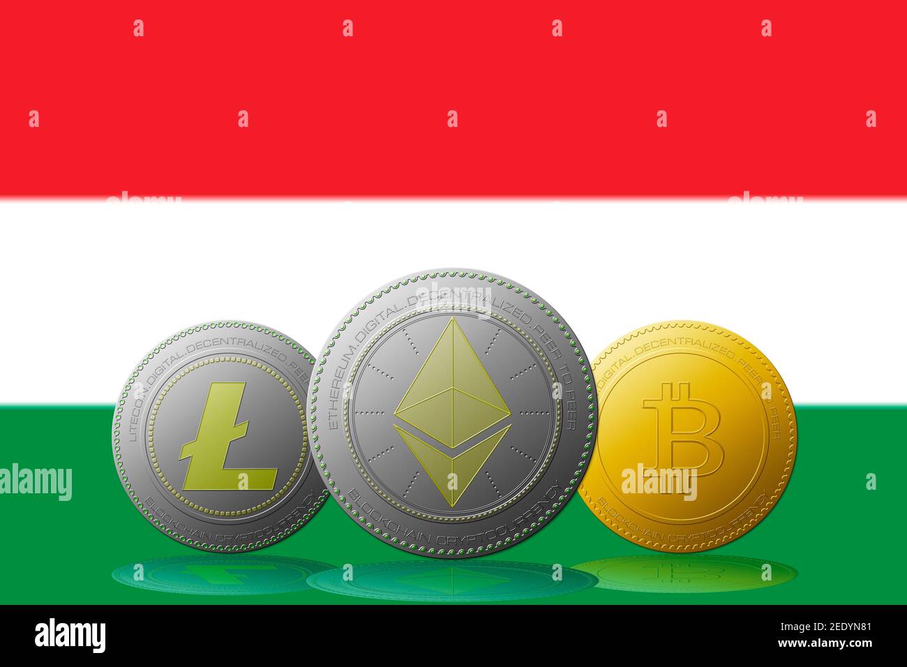 3D illustration Three cryptocurrencies Bitcoin Ethereum and Litecoin with  Hungary flag on background Stock Photo - Alamy