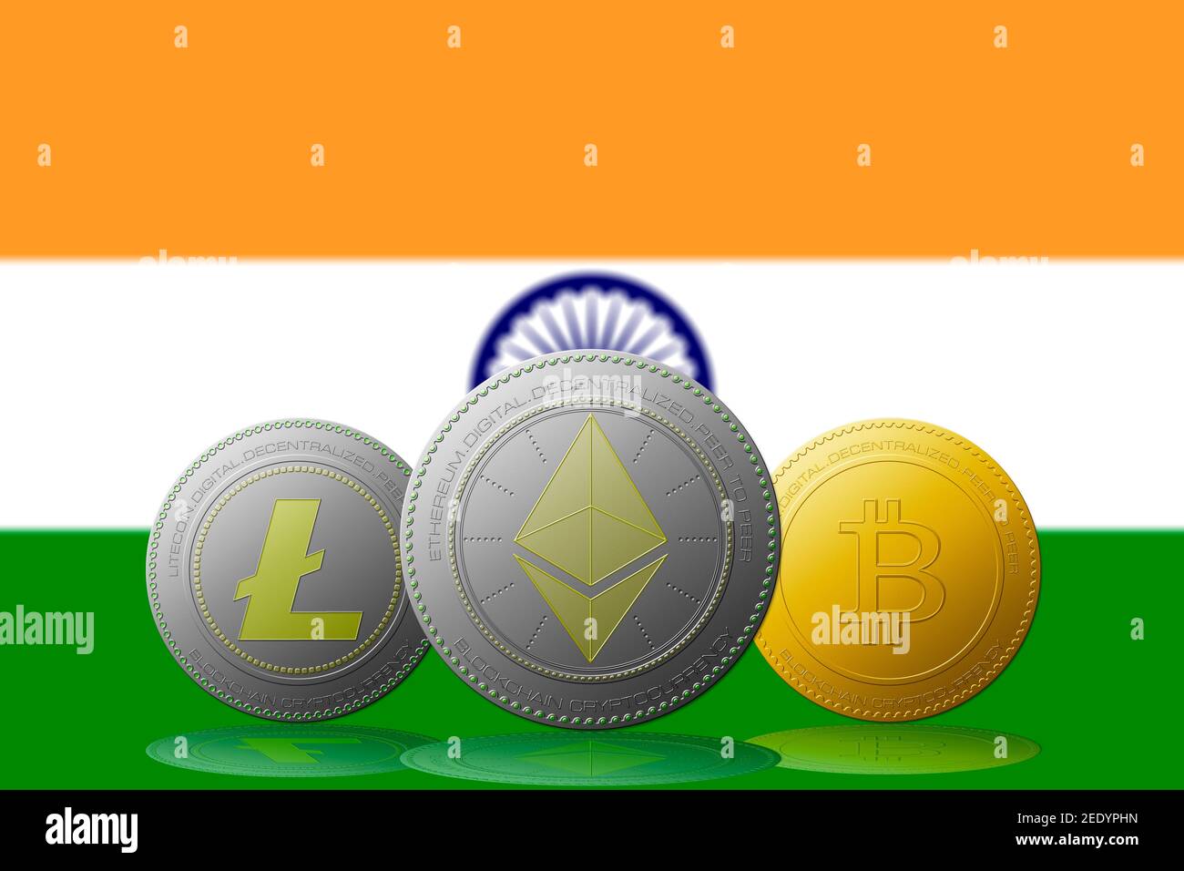 Litecoin Ethereum Bitcoin cryptocurrency with INDIA flag on background  Stock Photo - Alamy