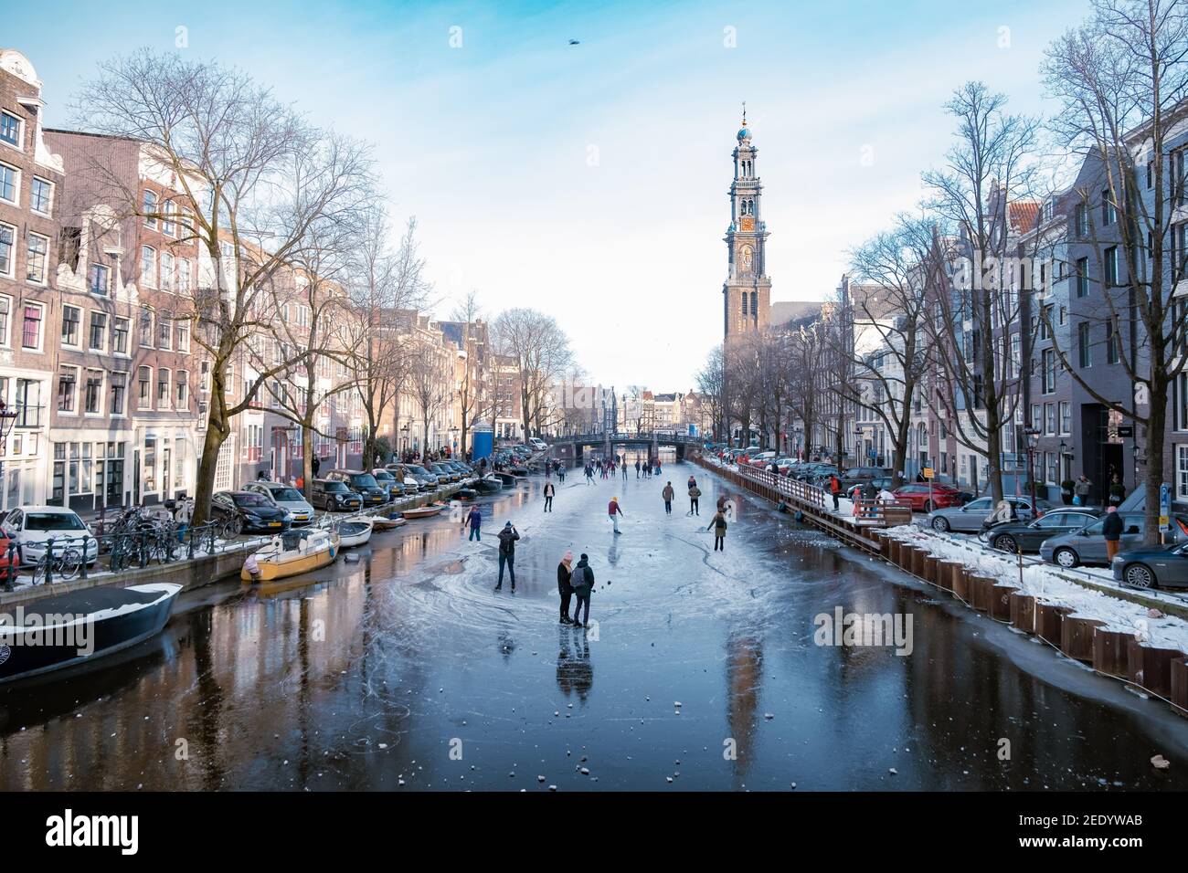 Amsterdam Netherlands February 2021,Ice skating on the canals in Amsterdam the Netherlands in