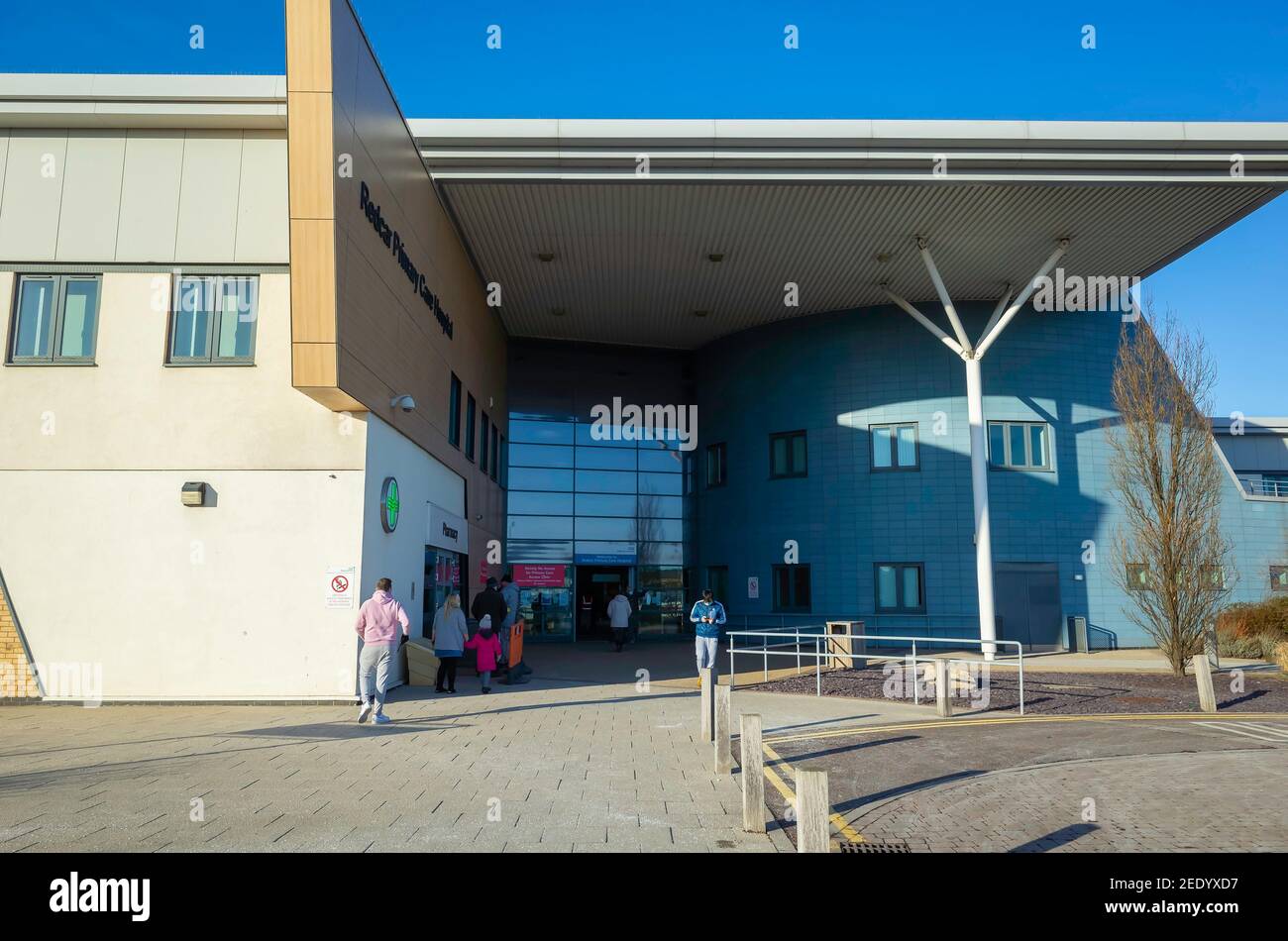 Main entrance to  Redcar Primary Care Hospital busy with Covid 19 Vaccinations as well as normal work Stock Photo