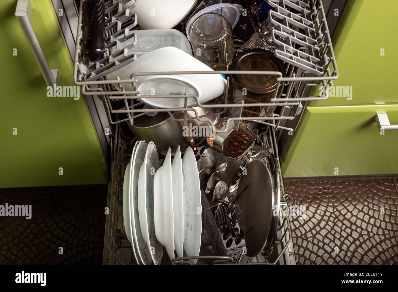 Open dishwasher full of dirty dishes Stock Photo Alamy