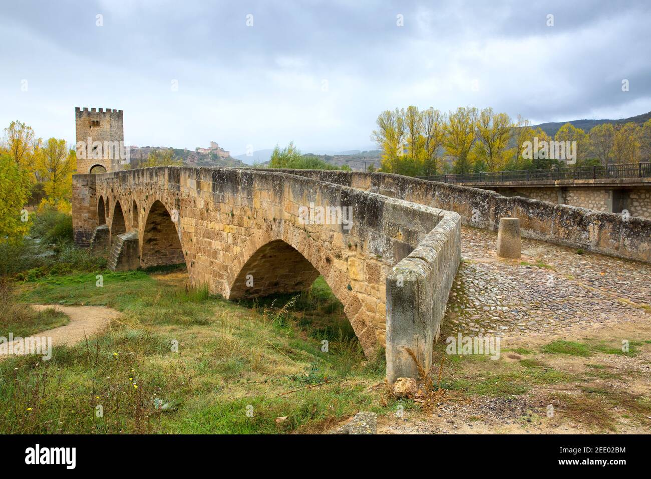 Medieval fortified bridge in the municipality of Frías. Burgos, Spain. Stock Photo