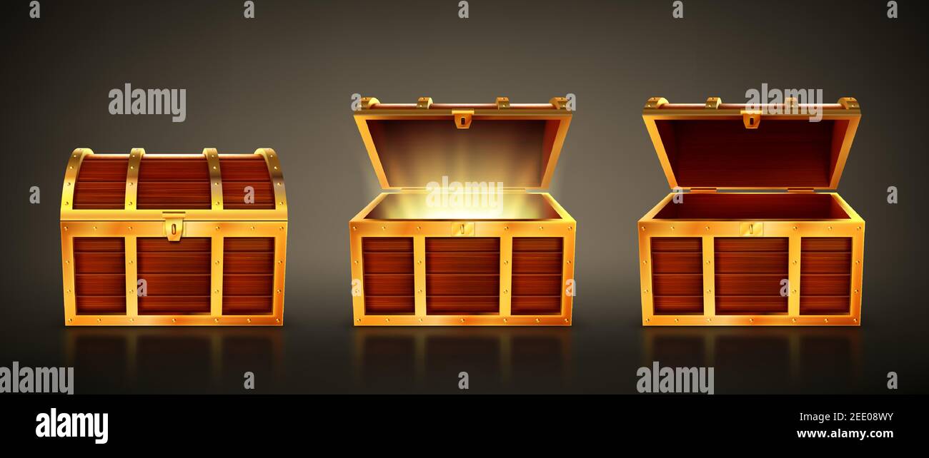 Wooden chest with open and closed lid. Pirate treasure box with magic glow inside. Vector realistic set of old wood trunk with golden fetter. 3d empty vintage coffer isolated on dark background Stock Vector
