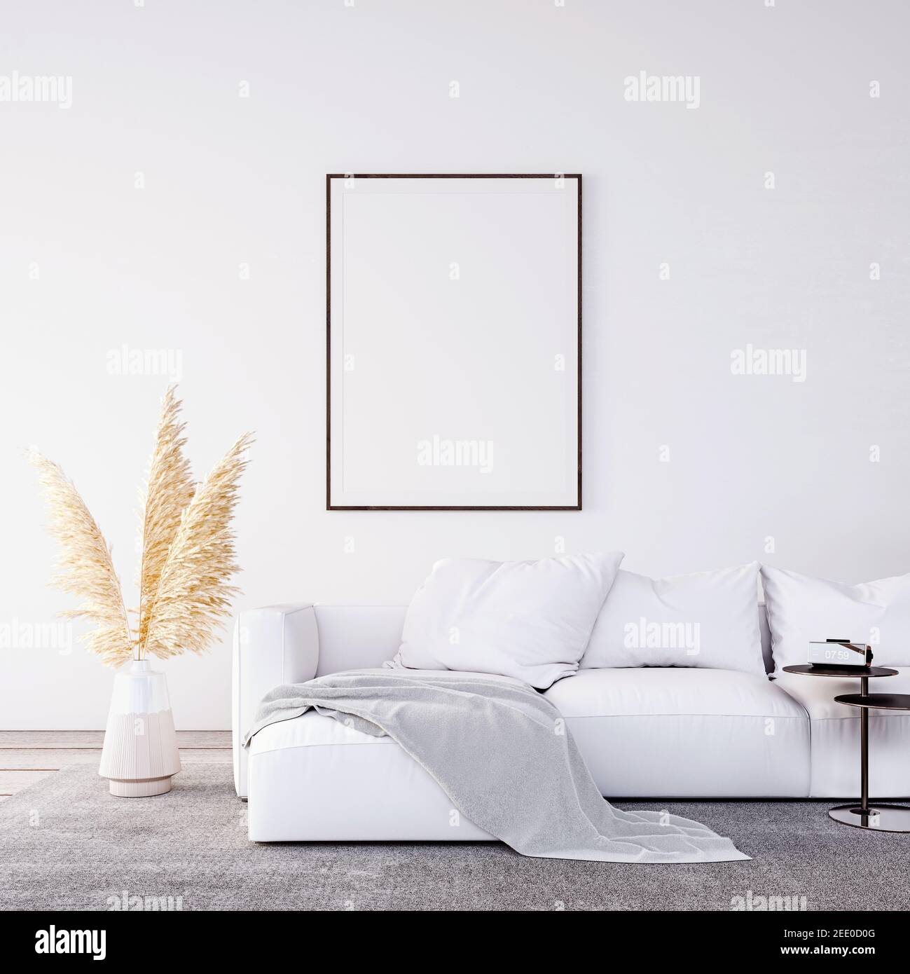 Modern white interior design with white furniture and empty mock up picture frame 3D Rendering Stock Photo
