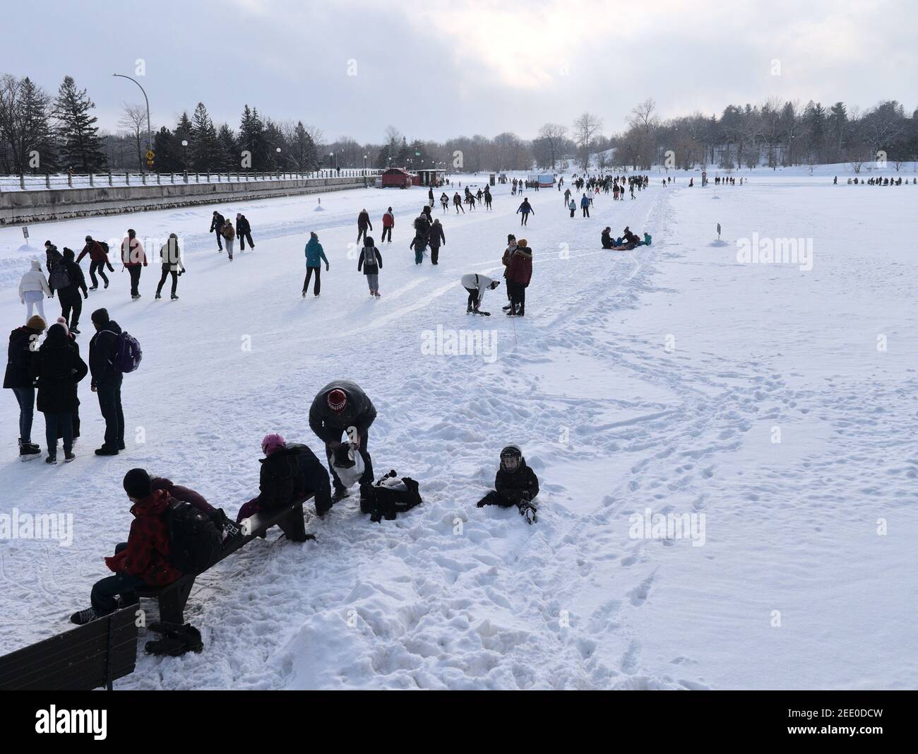 One of many entrances to the Rideau Canal Skateway during Winterlude. COVID outdoor fun! Ottawa, Ontario, Canada. Stock Photo