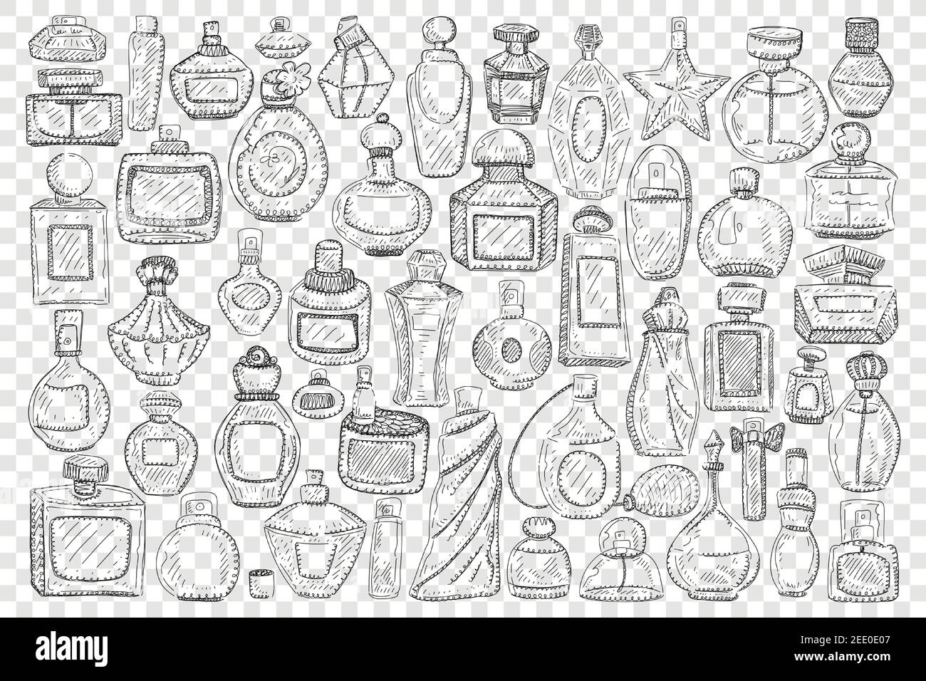 Bottles with perfume doodle set. Collection of hand drawn elegant glass jars and bottles with perfume or cosmetics for beauty of various shapes and sizes isolated on transparent background Stock Vector