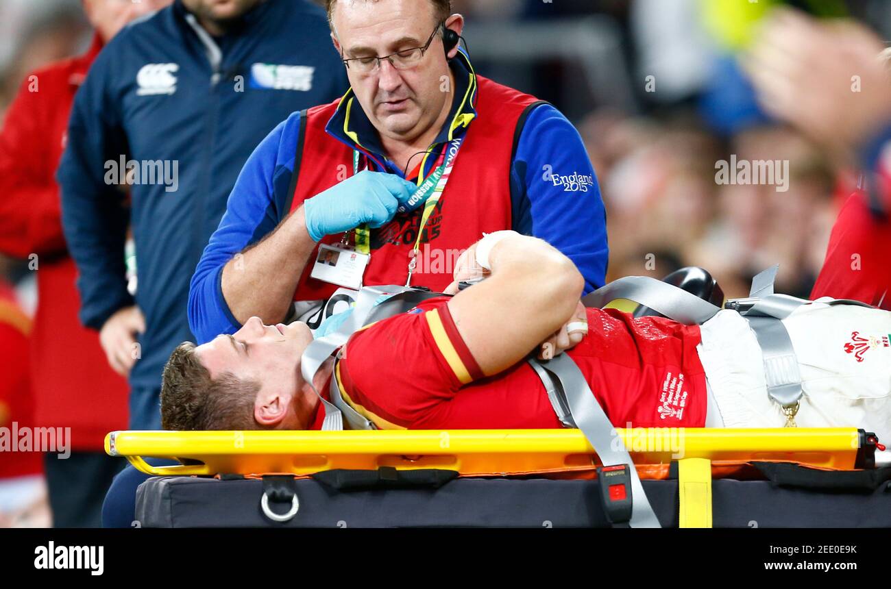 Rugby Union - England v Wales - IRB Rugby World Cup 2015 Pool A - Twickenham Stadium, London, England - 26/9/15  Scott Williams of Wales is stretchered off injured  Reuters / Andrew Winning  Livepic Stock Photo