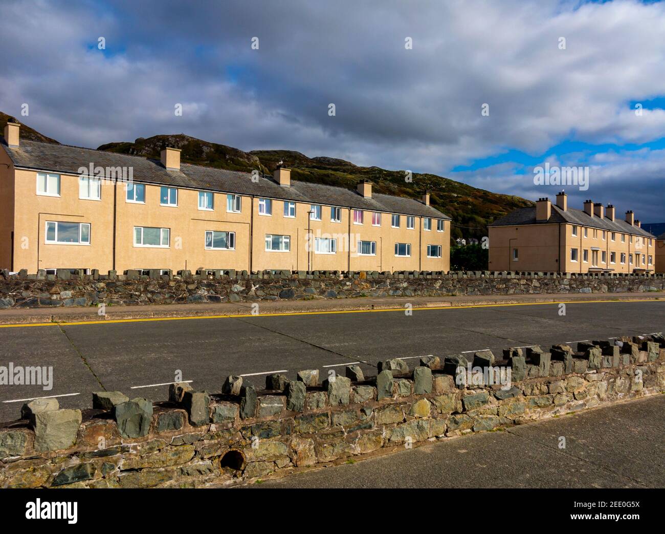 Modern terraced houses at Barmouth in Gwynedd on the North Wales coast UK. Stock Photo