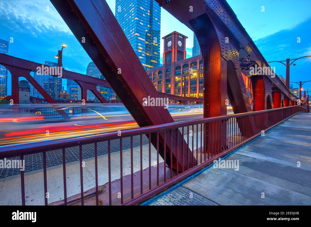 Clark Street Bridge at blue hour, Chicago, Illinois, United States Stock Photo