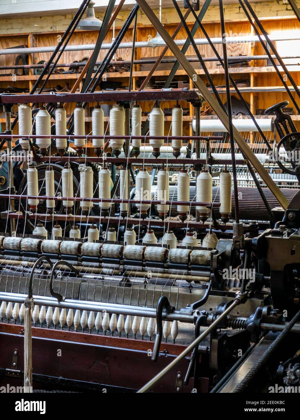 Cotton spinning equipment at Masson Mill in Matlock Bath a village in Derbyshire Dales Peak District England UK formerly a textiles mill. Stock Photo