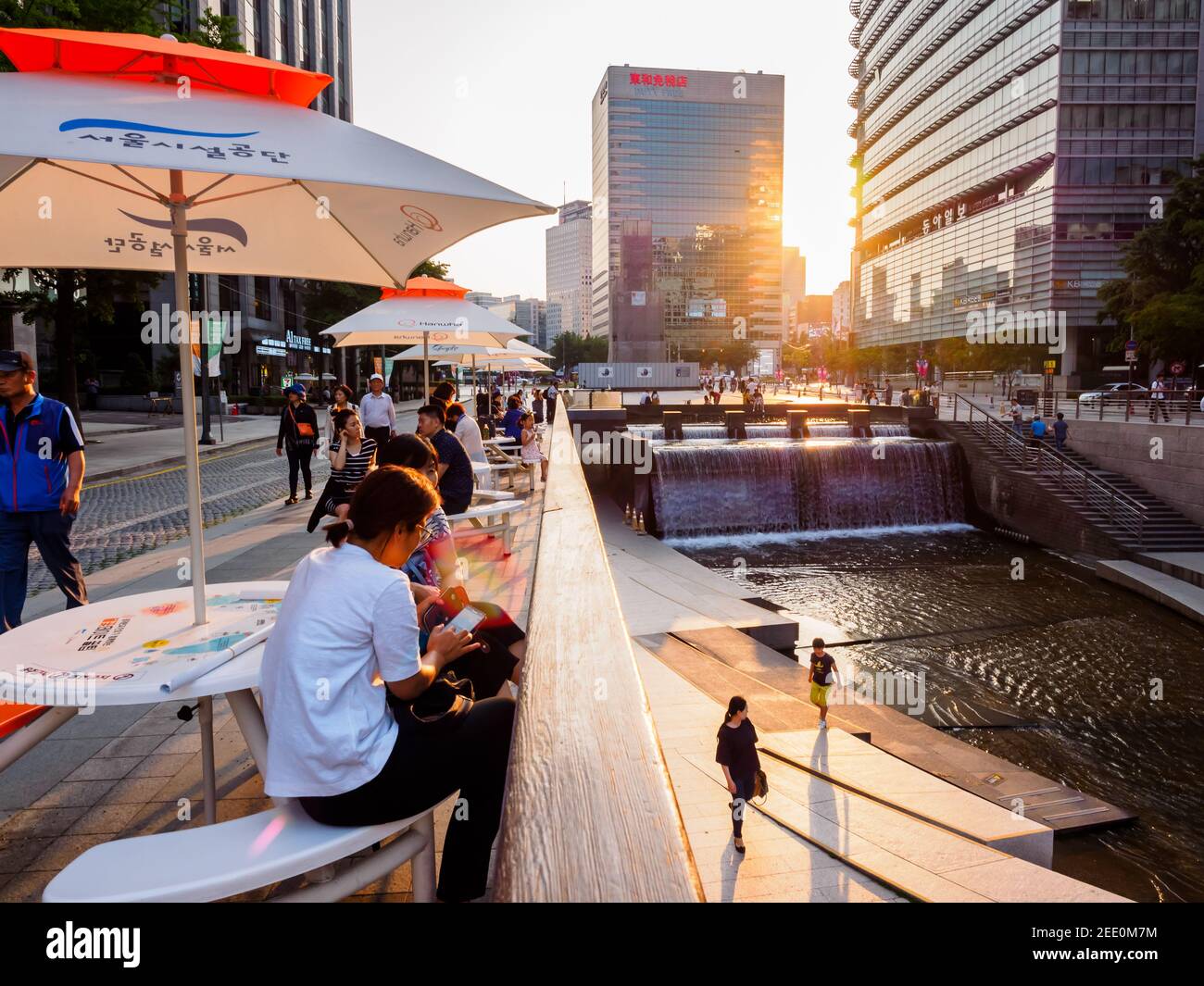 Seoul, South Korea June 17, 2017 People rest near Cheonggyecheon