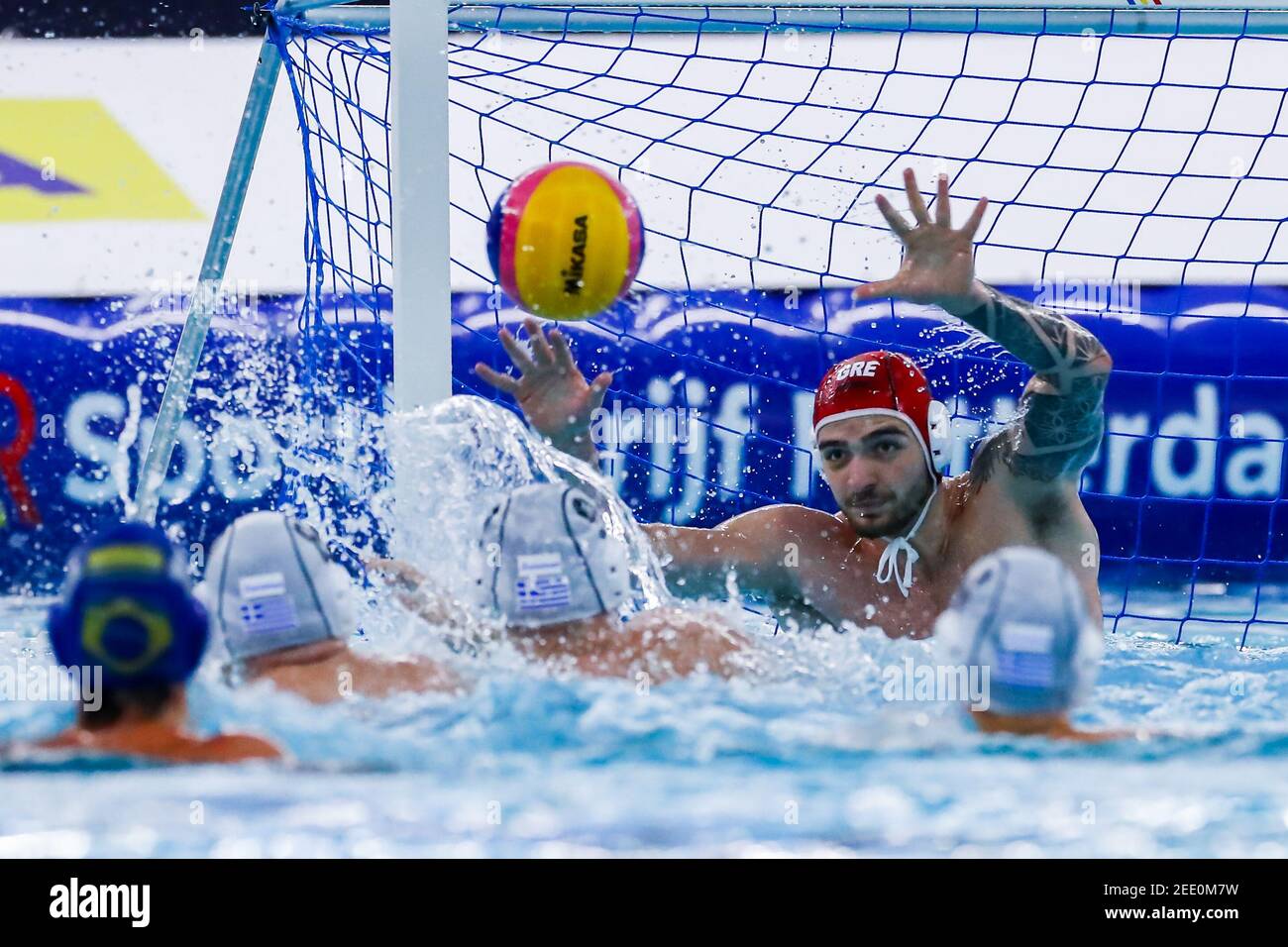 ROTTERDAM, NETHERLANDS - FEBRUARY 15: referee Adrian Alexandrescu (ROU) during the Olympic Waterpolo Qualification Tournament 2021 match between Greece and Brazil at Zwemcentrum Rotterdam on February 15, 2021 in Rotterdam, Netherlands (Photo by Marcel ter Bals/Orange Pictures) Stock Photo