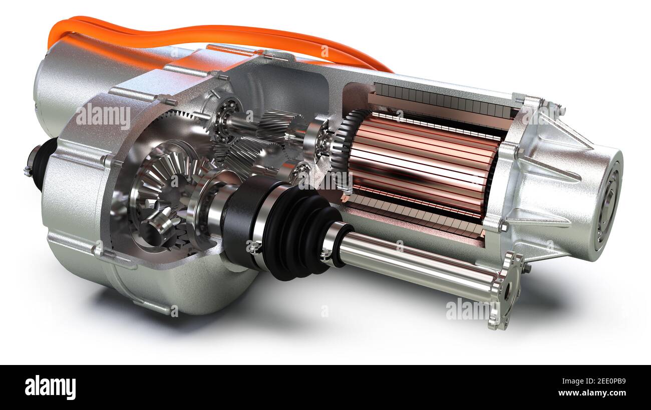 Electric motor car engine cross section closeup view, 3D rendering Stock Photo