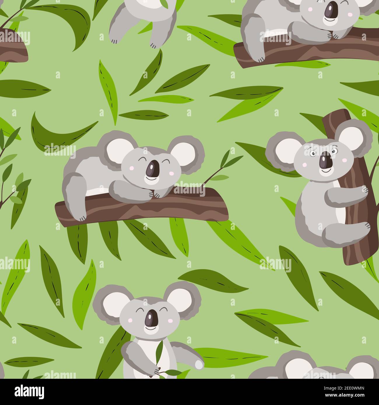 Seamless pattern with cute koala baby and leaves on color background ...