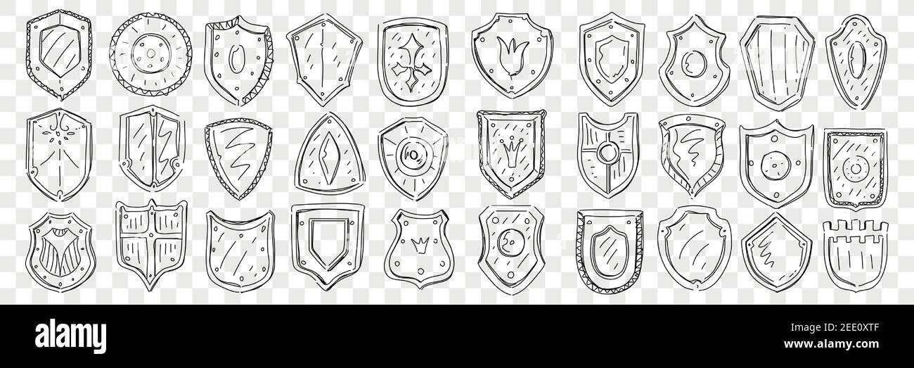 Coat of arms and symbols doodle set. Collection of hand drawn heraldic  symbols on coat of