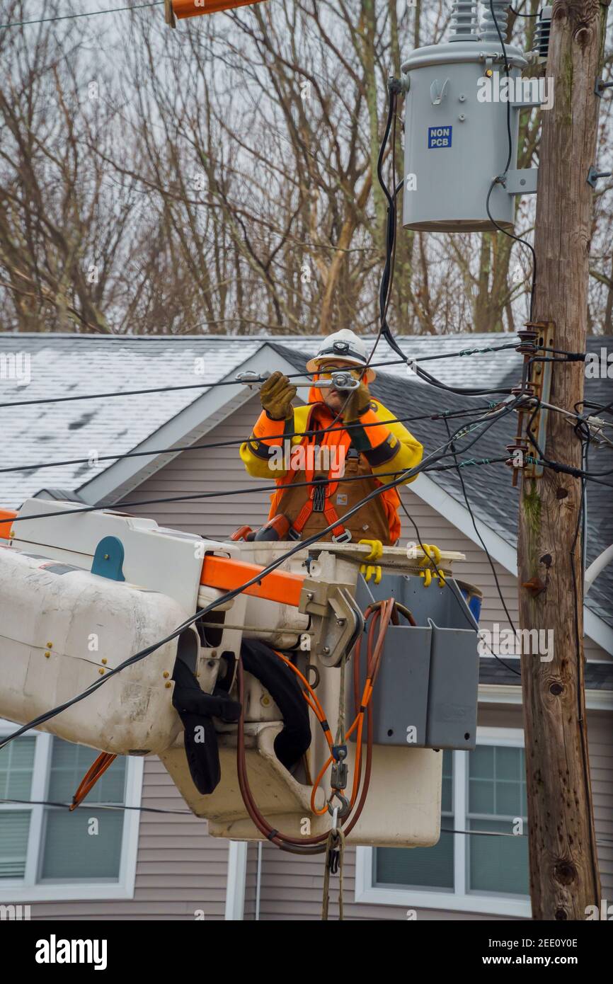 10 FEBRUARY NYC NY USA 2021 The electricity wooden pylon after