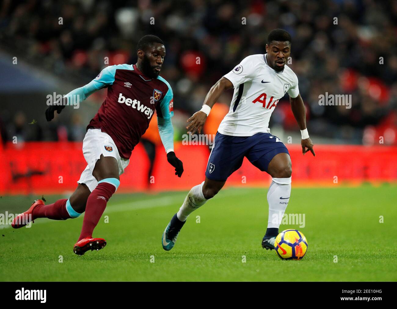 Soccer Football - Premier League - Tottenham Hotspur vs West Ham United - Wembley Stadium, London, Britain - January 4, 2018   West Ham United's Arthur Masuaku in action with Tottenham's Serge Aurier   REUTERS/Eddie Keogh    EDITORIAL USE ONLY. No use with unauthorized audio, video, data, fixture lists, club/league logos or 'live' services. Online in-match use limited to 75 images, no video emulation. No use in betting, games or single club/league/player publications.  Please contact your account representative for further details. Stock Photo