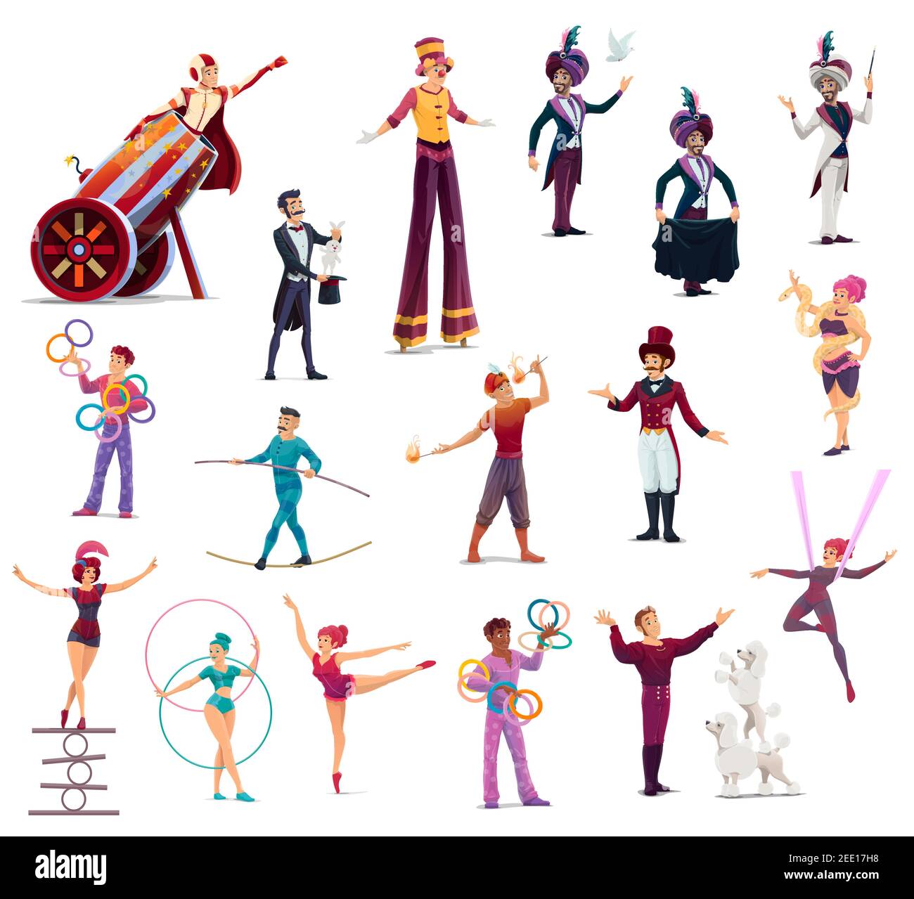Circus cartoon characters vector performers, top tent artists clown,  acrobat and man cannon ball. Trained dogs, juggler, magician or trapeze  girl, wom Stock Vector Image & Art - Alamy