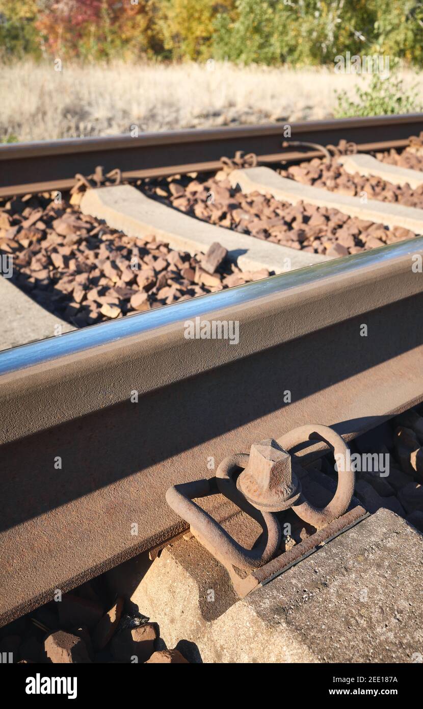 Close up picture of railway track, selective focus. Stock Photo